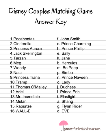 Match the Disney Couple Game Answer Key