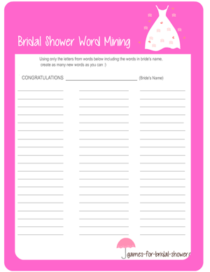 free printable bridal shower word mining game