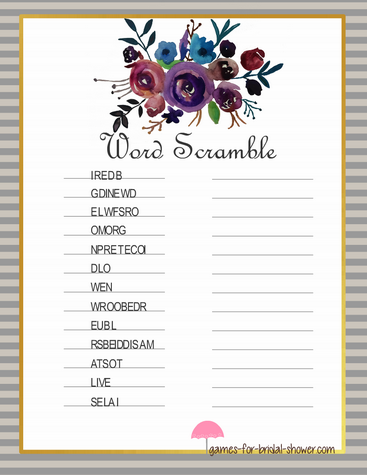 Free Printable Bridal Shower Word Scramble in Grey