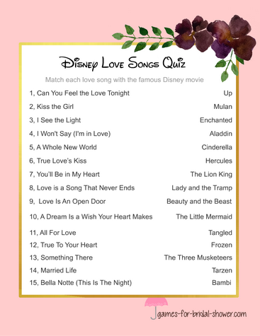 Free printable disney love songs game