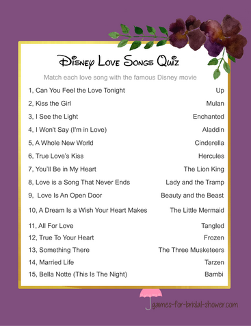 disney love songs quiz in purple color