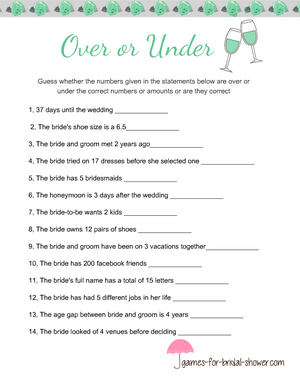 Free printable over or under bridal shower game