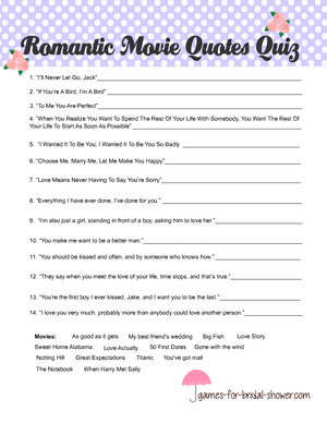 Romantic movie quotes game printable in purple color